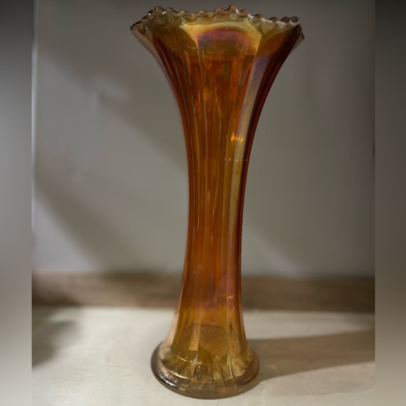 Vintage Jefferson Iridescent Orange Carnival Glass Ribbed Swung 8.25”Vase - Picture 3 of 7